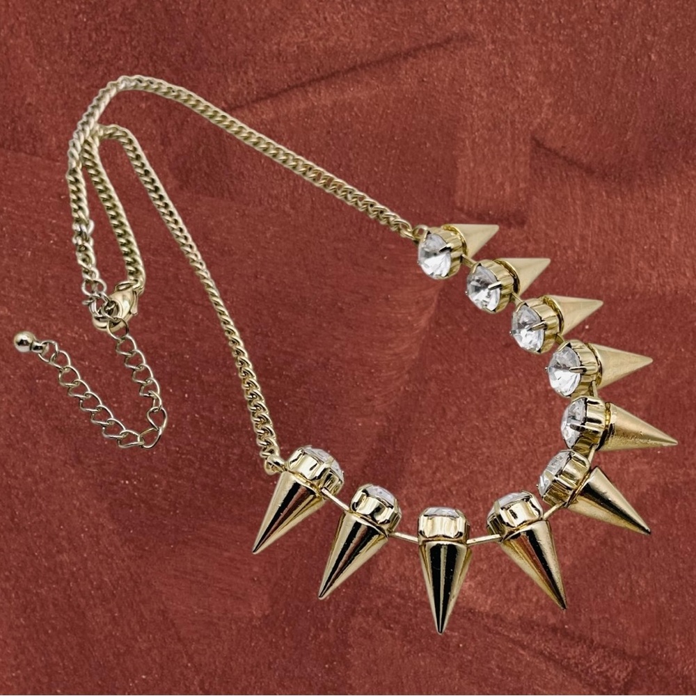 Gorgeous Vintage Polished Gold Tone Spike Necklace With Dazzling Rhinestones